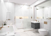 marble tiled bathroom with wetroom screen and bronze fittings